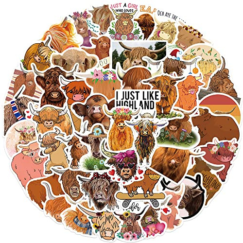 50 Pcs Highland Cow Stickers Laptop Car Scrapbook Phone Skateboard Bike Travel Case Water Bottles Cute Cow Stickers Vinyl Waterproof Aesthetic Personalised Stickers for Teens Boys Girls Adults