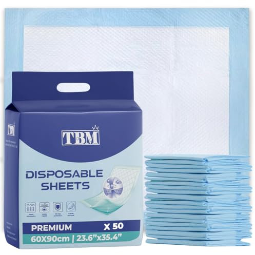 TBM 50 Disposable Incontinence Bed Pads 60 x 90 cm | Super Absorbent, Waterproof, Skin-Friendly Underpads for All and Hospital Use, 50 Count