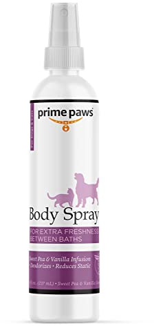 Prime Paws Body Spray for Dogs and Cats - Long Lasting Cat Cologne & Odor Eliminator - Dog Spray Deodorizer Perfume for Grooming & Reducing Static - Sweet Pea & Vanilla Scent - 8 oz, White (PRIM1048)