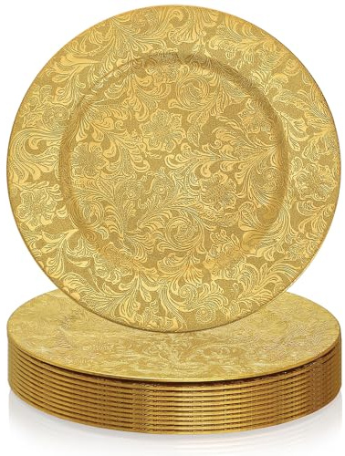 ZOOFOX 12 Pack Gold Charger Plates, 13 Plastic Round Antique Plate Chargers for Dinner Plates, Floral Charger Plates for Wedding Dinner Party Table Setting Decor