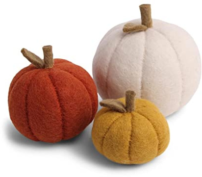 Gry & SIF handgemachte Deko-Kürbisse aus Natur-Filz, Herbstdeko Tisch, Herbstdeko Kürbis groß, Herbstdeko zum Hinstellen, Herbstdeko innen | Große Kürbisse 3er Set