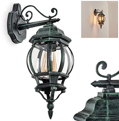 HOFSTEIN Außenwandleuchte Lentua, Außenwandlampe aus Metall/Kunststoff in Schwarz-Grün/Klar, Wandleuchte Down im Retro/Vintage/Antik-Design, E27, IP44, Eingangsbereich, Terrasse, Haustür, Hof