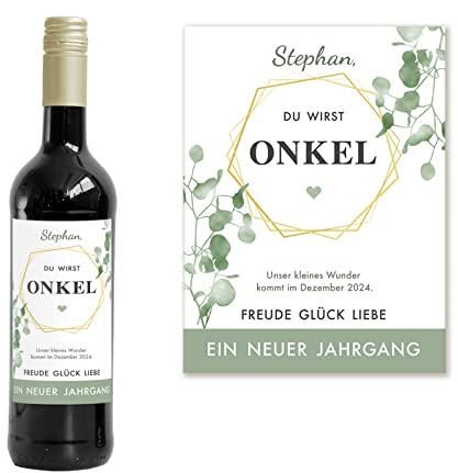 Mimi und Anton Personalisiertes Flaschenetikett ONKEL | Weinlabel Du wirst Onkel | 9x12 cm | Schwangerschaft verkünden | Weinetikett Geburt | Serie Eukalyptus