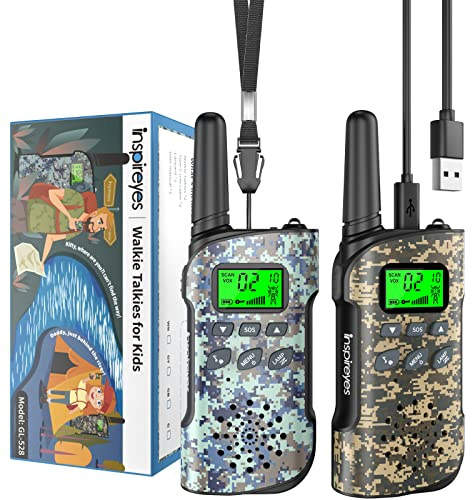 Inspireyes Walkie Talkie Niños Recargable, 48 Horas de Tiempo de Trabajo, 3 kilómetros de Largo Alcance, Regalos de Cumpleaños, Juguetes al Aire Libre para niños de 3 a 12 años, Paquete de 2