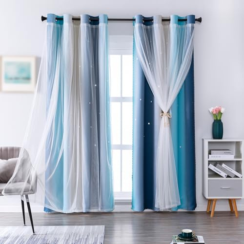 indistar Star Blackout Curtains for Girls Kids Bedroom, Colourful Stripe Window Curtain Panels, 2 Layer Lace Drapes, Room Darkening Curtain for Living Room Decor, 1 Panel（Blue W52 x L72 inch）