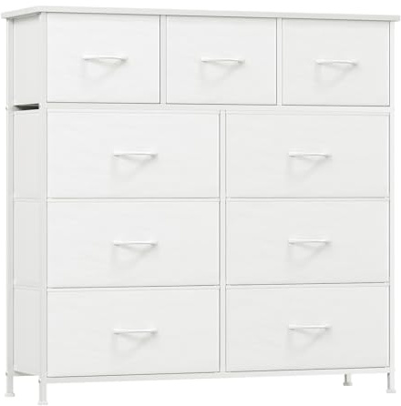 Somdot Kommode mit 9 Stoffschubladen, Schlafzimmer, Weiß | Komodenschrank, Stoffkommode, Großer Stauraum, Metrallrahmen, Holzwerkstoffoberplatte,Wohnzimmer, Flur, 30T x 100B x 99H