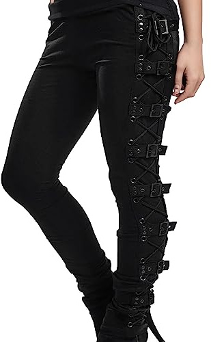 Punk Hose Damen High Waist - Gothic Kleidung Damen Hosen Halloween Kostüm Leggings Seite Cross Bandage Slim Fit Mittelalter Piratenhose Schwarz Lange Hosen für Karneval Party Steampunk Cosplay