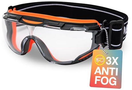 DEX FIT Safety Goggles SG220, Wide-Vision Lab & Chemical Splash Eye Protection, Anti-Fog & Scratch Resistant, Soft Seal, Z87.1 Approved; Black/Orange, Clear Lens, 30mm Strap, 1 PC
