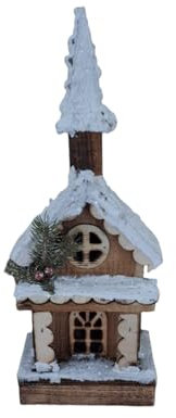 MC® Casetta Natalizia in Legno Innevata Luminosa Con Campanile Altezza 35Cm Decorazioni Casa Camino Cucina Composizioni