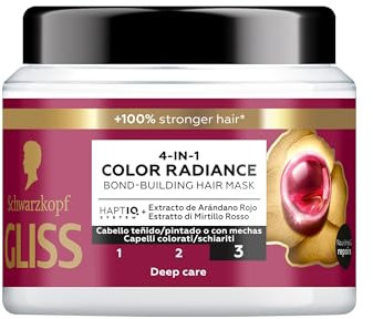 Schwarzkopf Gliss 4-in-1 Color Radiance Maschera Bond-Building per Capelli 400ml, Maschera capelli con HAPTIQ System ed Estratto di Mirtillo Rosso, Trattamento capelli colorati e schiariti