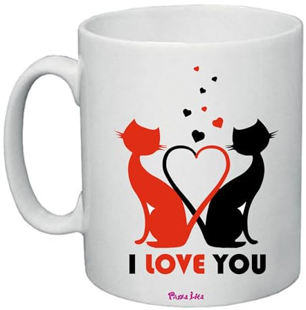 Regali Pazza idea Tazza Ceramica Decorata - 8x10 cm - disegno gatti cuore - i love you - Collezione amore