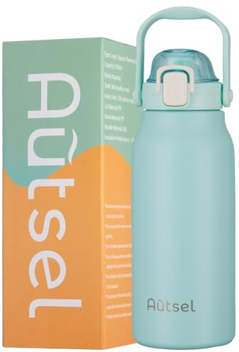 Autsel Bouteille Isotherme 1.7L Gourde Inox Isotherme avec Paille Gourde Sport Étanche Gourde Musculation avec Poignée, pour Le Sport, La Randonnée, La Maison, en Plein Air