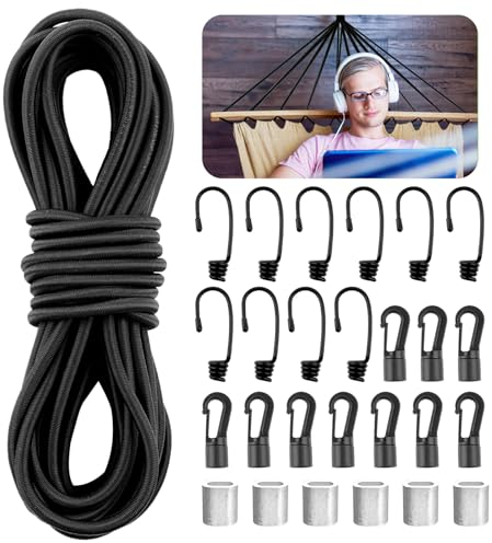 Bungee Cord 6 mm x 10 m, Black Shock Cord, Round Elastic Rope with Hooks and Aluminum Crimping Loop Sleeve, Bungee Rope for Tarpaulin, Trailer, Backpack, Tent Pole, DIY Craft Projects