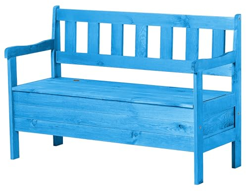 KADAX Gartenbank, 120x49x81,5cm Banktruhe aus Einer Holzfaserplatte, Sitz-Bank mit Stauraum und Rücklehne, Wetterfeste Holzbank für Garten, Balkon (120cm/Blau)