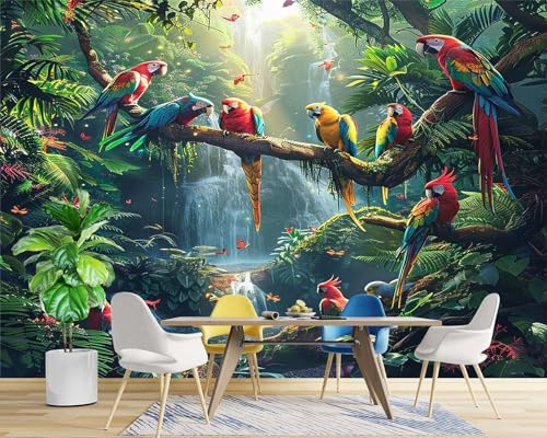 Fototapete Dschungel Tier Vogel Papagei Wasserfall Wohnzimmer Schlafzimmer Wandtapete Vlies Tapete 250 (B) x 175 (H) cm, Gedrucktes Wandbild UV-Beständig Geruchsfrei