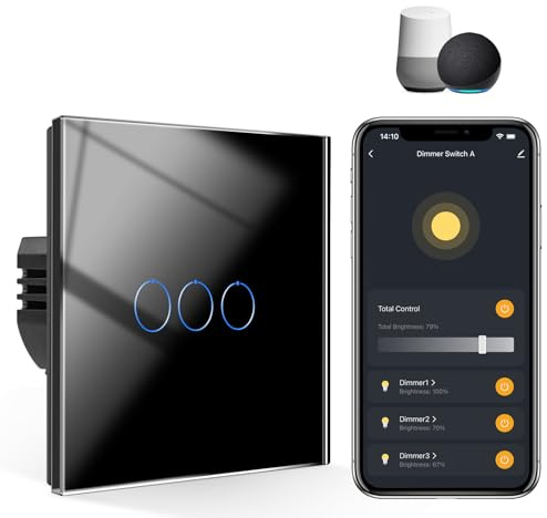 CNBINGO Triple Smart Dimmer Switch, Black Glass WiFi Touch Light Switch | Voice Control by Alexa, Smart Life App, with Glass Wall Plate, Backlight, Neutral Wire Required, for Dimmable LED Light