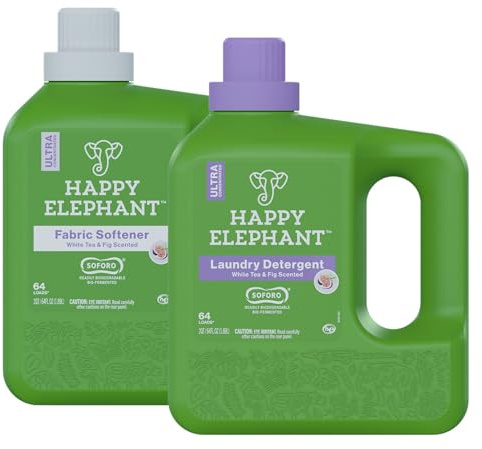 Happy Elephant Lot de 2 paquets de lessive liquide, parfum thé blanc et figue, détergent à lessive naturel et adoucissant pour tissu, à base de plantes, détachant et après-shampoing, doux pour la peau