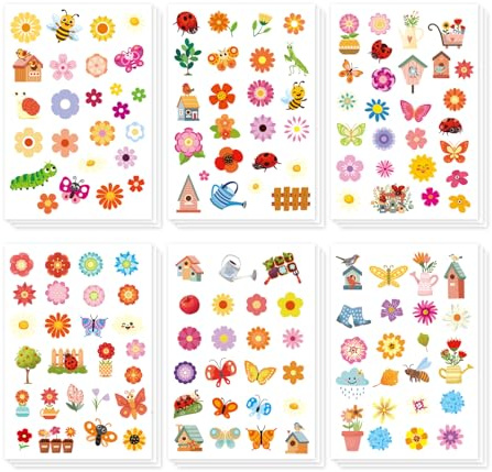 18 Sheets Spring Flowers Stickers, 6 Styles Cute Flower Stickers for Kids Prizes Garden Stickers Animal Nature Stickers Spring Party Decorations for Water Bottle Laptop Crafts Envelopes