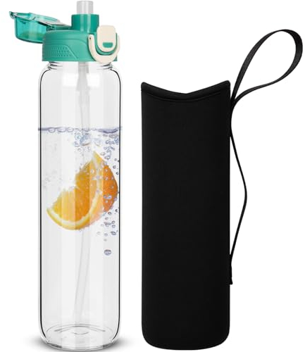 DEARRAY 1l Glass Water Bottle with Straw & Neoprene Sleeve 1 litre BPA free Glass Drinking Bottle Leakproof