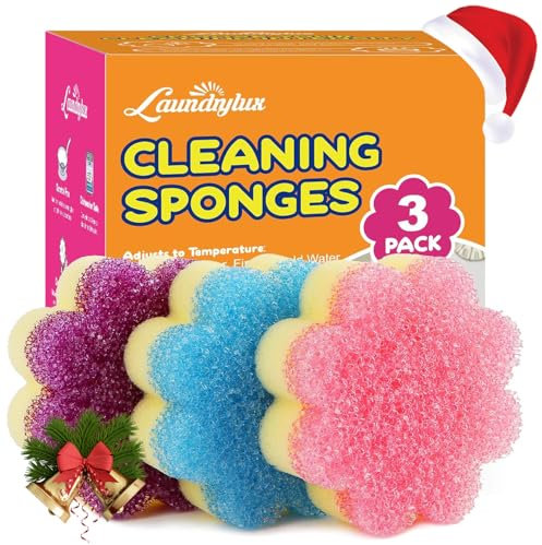 LAUNDRYLUX Esponja exfoliante, esponja de doble cara sensible a la temperatura y estropajo – Antiarañazos – Esponjas multiusos para cocinas, baños y uso al aire libre – Paquete de 3