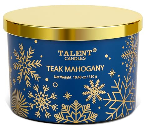 TALENT Gemütliche Winter-Duftkerzen, 3 Dochte, Aromatherapie-Kerze, 100% natürliches Sojawachs, 310 g/10,93 oz, Kerzengeschenk für Männer und Frauen, Teak-Mahagoni