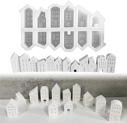 Nexoria Silikonformen Gießformen Häuser, 12 Stück Silikonform Haus Gips zum Gießen Mini Haus Giessformen Silikon Haus Kerzenformen zum Gießen Silikon Gießform Haus Silikonform Weihnachten (A)