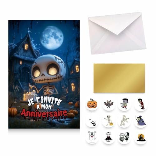 GeekWithAttitude Lot de 10 Cartes d'Invitations Anniversaire Junior le Squelette - Kit avec 10 Stickers, 10 Autocollants Dorés à Gratter (Lieu Mystère) et 10 Enveloppes Blanches