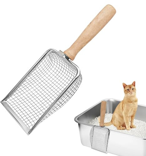 Katzenschaufel Edelstahl für Katzenklo, Katzenklo Schaufel Fein, Metall Katzenstreuschaufel, Schaufel für Katzentoilette Lochabstand 5mm, Katzenschaufel mit Holzgriff, Litter Box Scoop