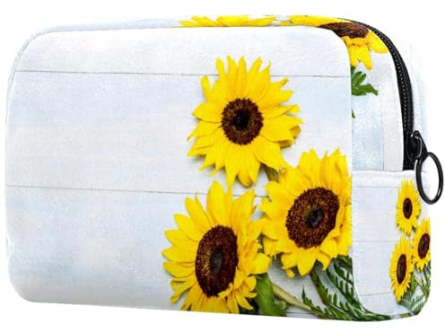 Trousse de maquillage en bois bleu avec motif tournesols et feuilles de fougère pour femme, trousse de toilette de voyage, grande pochette de maquillage pratique avec fermeture éclair, multicolore,