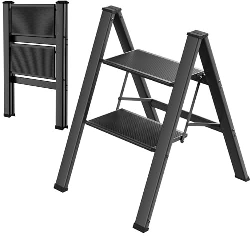 LIFERUN Alu Trittleiter mit 2 Stufen Klappbar rutschfeste Stehleiter Haushaltsleiter Multifunktionaler Tritthocker Leicht Verstauen bis 150 kg Belastbar für Küche Haushalt Außenbereich Büro Schwarz