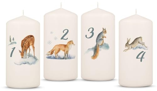 GRAVURZEILE Bedruckte Adventskerzen - Wintertiere Aquarell - Weihnachtskerze für den Adventskranz 4er Set - Dekoration zu Weihnachten - Geschenk für Sie & Ihn - Stumpenkerze 120/58 mm