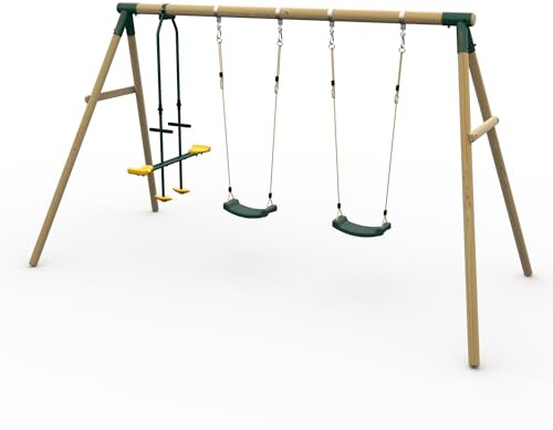 Plum Play Kids Outdoor Wooden Round Pole Garden Swing Set with Ground Anchors Included - Safe Sturdy A Frame - Suitable for up to 50kg per accessory - Up to 5 year Warranty (Quad Green Colobus)