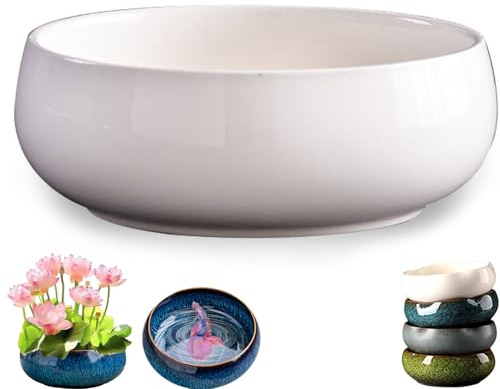 Lotus Bowl Planter, Lotus Bowls for Planting in Water Indoors, Bonsai Bowl Lotus Flower, Ceramic Planters for Indoor Plants, Unique Glazed Aesthetic for Plants, Fish, and Home Decor (White-B)