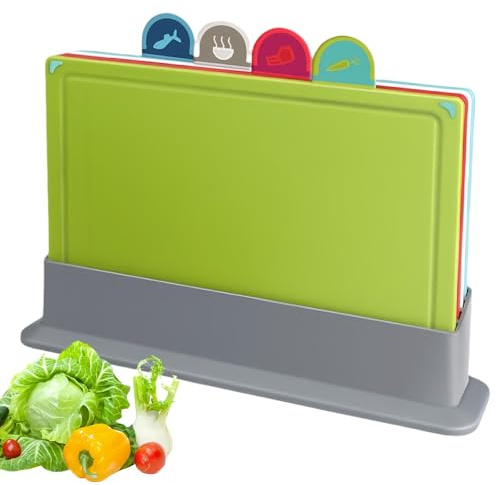 Chopping Board Set Creative Food Category 4pcs, Colorful Board Set | with Storage Stand & Food Icon, Multi-Purpose Non-Slip Surface & Prevent Food Cross-Contamination