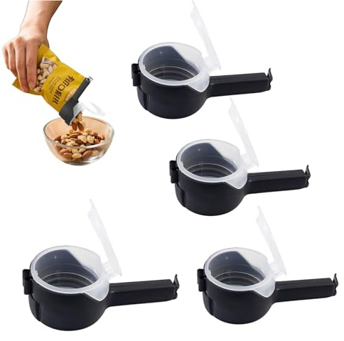 QUTHZZHY 4 Stück Verschlussclips mit Ausschütter, Snackspender Clip, Wiederverwendbare Küchenclip,Verschlussclips mit Deckel,für Verpackung Lebensmittel Süßigkeiten Snacks Tiernahrung