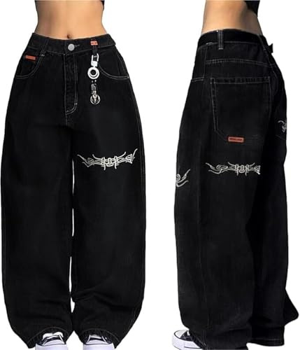 Baggy Jeans Women Men Hip Hop Goth Street Y2k Jeans with Skeleton Print Vintage High Waist Denim Wide Leg Pants Street Wear(Color-5,Small)