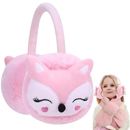 katmerio Cache-Oreilles pour Filles, Cache-Oreilles d'hiver en Peluche, Motif Renard Mignon Ajustables en Peluche Couvre Oreille pour Hiver Activités de Plein Air - Rose