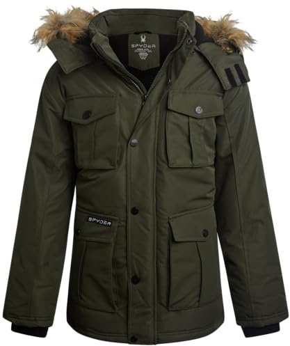 Spyder Boys Winter Coat - Wind & Water Resistant Heavyweight Long Length Insulated Kids Parka Winter Ski Jacket with Hood, Size 10-12, Olive