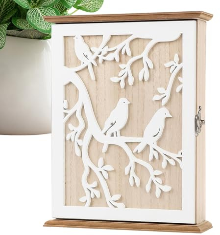 Låslåda för nyckelförvaring: klassisk vägghylla 20 x 7 x 26,4 cm, hängande skåp i lövträ, elegant snidad med sex metallkrokar | Elegant dörrorganisatör