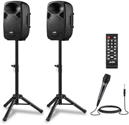 Moukey MPA80 PA System, 8 Inch Active & Passive Powered Rechargeable PA Speakers, 600W Peak Power, with 2 Tripod Stands, Wired Microphone, Remote Control, Support BT/USB/TF/FM/AUX