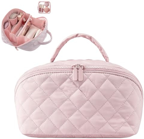 Ikokei Travel Makeup Bag for Woman, Puffy Padded Quilted Makeup Bag, Lay Flat Makeup Bag, Large Capacity Pouch Open Flat Small Toiletry Bag with Brush Compartment & Handle (Pink)