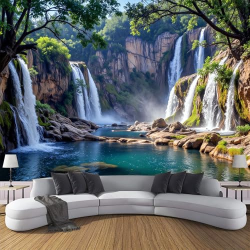 Carta da Parati Fotografica Murale 200 x 140 cm Cascata naturale Del Paesaggio naturale Carta da Parati Effetto 3d Decorazione Murale Poster da Parete per Camera da Letto per Ragazzi, verde