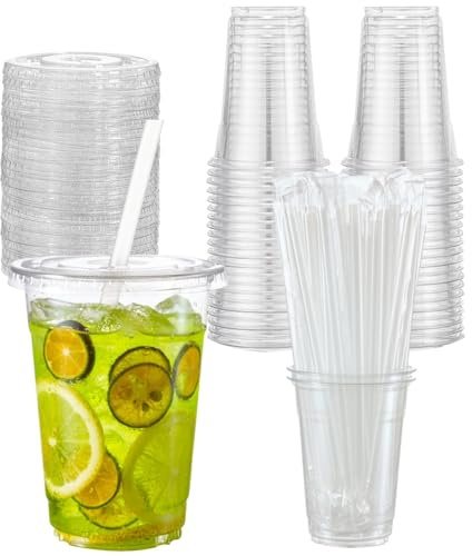 Artsotroly 16 oz Clear Plastic Cups with Lids and Straws, Disposable Drinking Cups for Cold Drinks, Iced Coffee, Milkshakes, Smoothies, 25 Sets