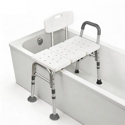 Extra Tall Tub Transfer Bench for Bathtub, 57cm-67cm Adjustable Height Shower Chair with Padded Armrest, Non-Slip Bath Seat with Suction Cups, Supports 150kg