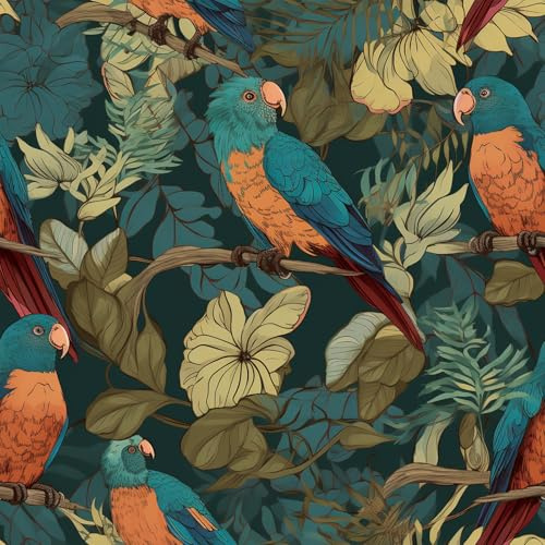 ANLIKY-Pro Papier Peint Jungle Tropicale Rétro Perroquet Fleurs Bleu Foncé Autocollant 44x500cm,Décoration Murale pour Salon,Chambre,Cuisine,Rénovation de Meubles,Armoire,Étagère
