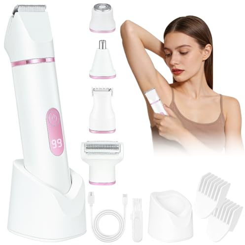 Vicloon 5 en 1 Rasoir Electrique Femme, Rasoir Électrique Corporel sans Fil Étanche IPX7, 5 Têtes Interchangeables, Écran LCD, pour Épilation Visage, Jambes, Aisselles et Zone Intime (Blanc)