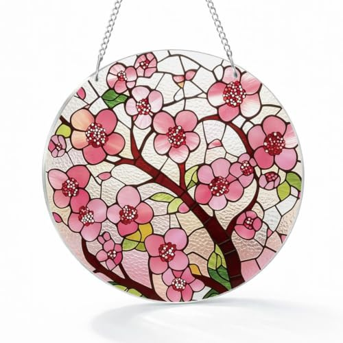 Cherry Blossom Suncatcher, Pink Acrylic Window Hanging, Floral Door Window Decor for Bedroom Living Room Sunroom Patio, Gift for Mom Grandma Family Friends