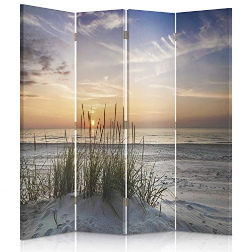 Feeby Paravent Landschaft Grass Strand Wasser 145x150 cm 4 Teilig Modern beidseitig Raumteiler Wandschirme Foto Trennwand Raumtrenner Sichtschutz Spanische Wand auf Leinwand Bedruckt Meer Sand Himmel