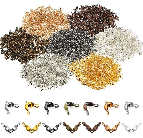 Allazone 1400 Stück Fold Clamshell Bead End Tips with Double Loop, 7 Farbe Clamshell Crimp Bead Tipps Endkappe Knoten Abdeckung für Schmuck Handwerk Machen (7 Farben)