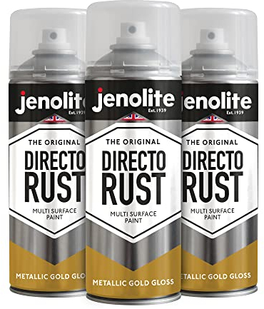 JENOLITE Directorust Metallic-Glanz-Sprühfarbe, Gold, 3 x 400 ml, Gold-Sprühfarbe für verschiedene Oberflächen, für Metall, Holz, Kunststoff, All-In_OneGrundierung, Grundierung und Decklack, innen und